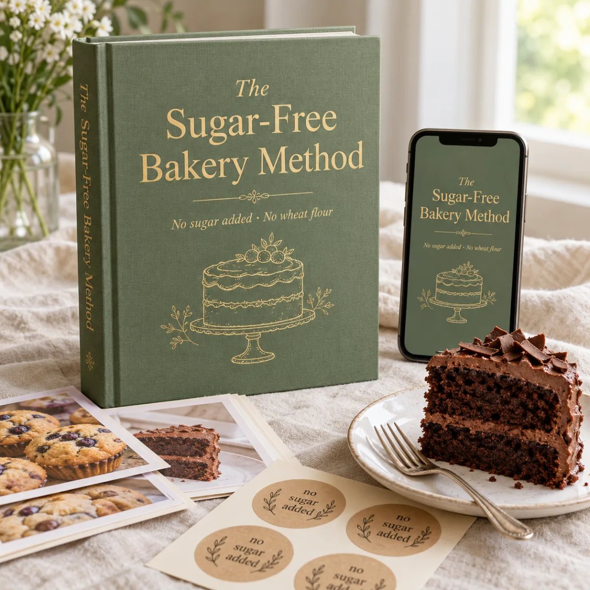 The Sugar-Free Bakery Method recipe book with a sugar-free cake